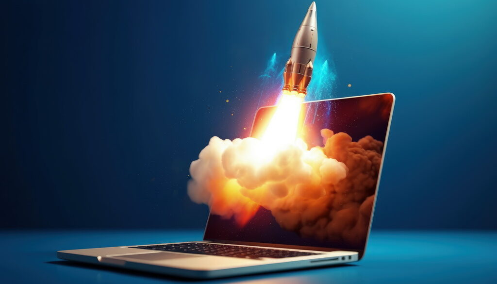 Rocket coming out of laptop screen, innovation and creativity co